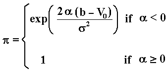 Probability to occur an eventual absorption at V = b, with b > V > 0