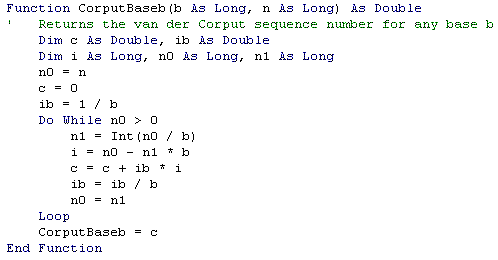 VBA code for generating van der Corput sequence in any base